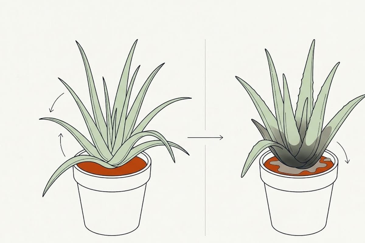 Two aloes: long thin bending leaves versus thick leaves gone soft at the base