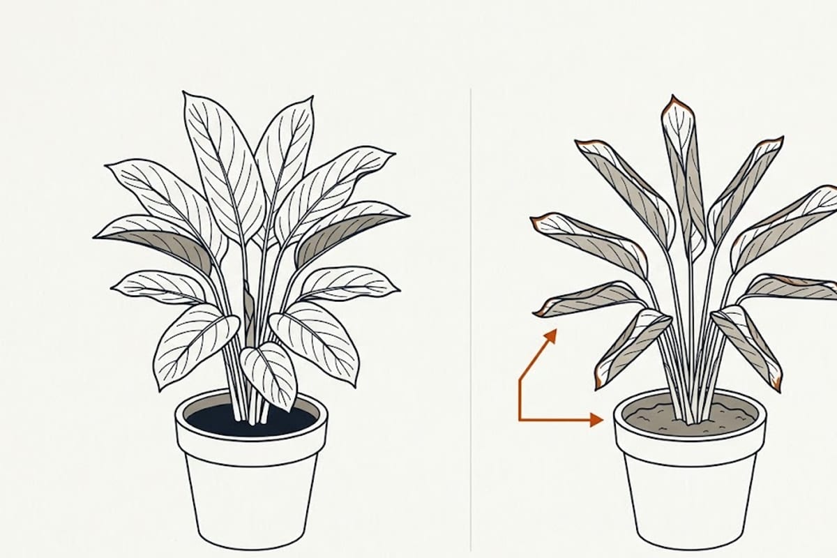 Two calathea plants side by side: one with leaves folded upward at night, one with leaves rolled tightly inward in daylight with dry soil