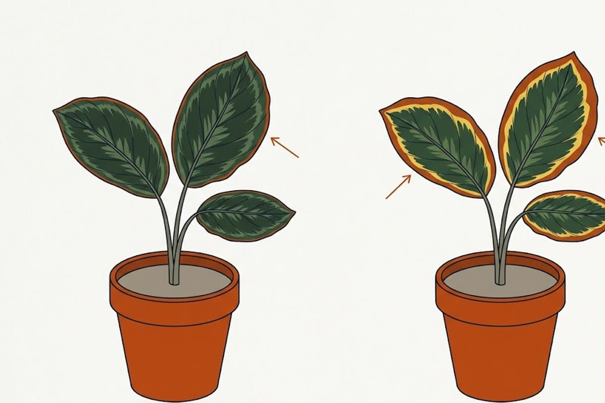 Two calathea leaves: crisp thin edges versus soft margins with a yellow band