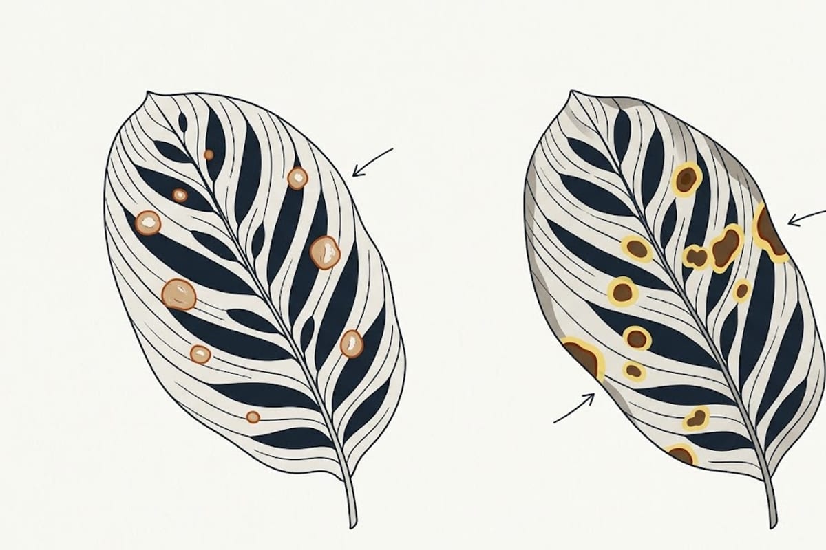 Two calathea leaves: round dry scorch spots versus haloed infection spots
