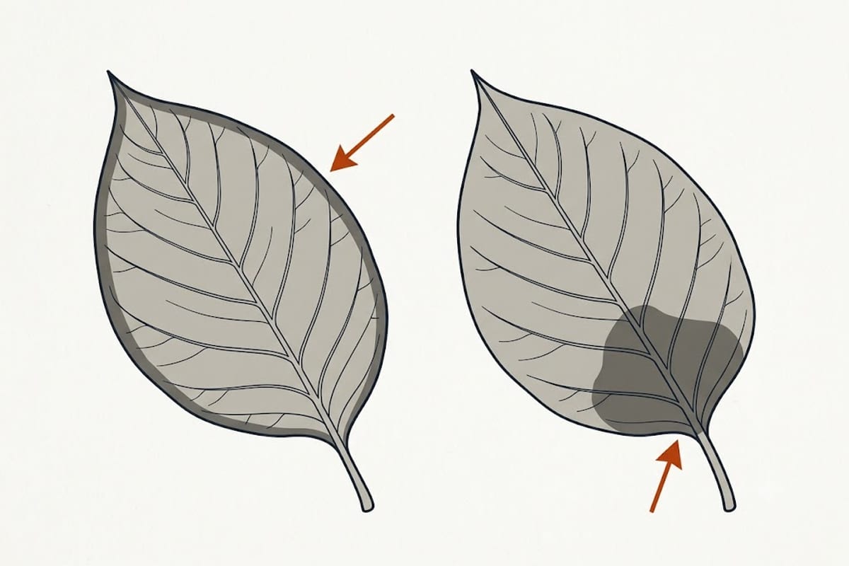 Browning at the margin differs from browning at the stem end