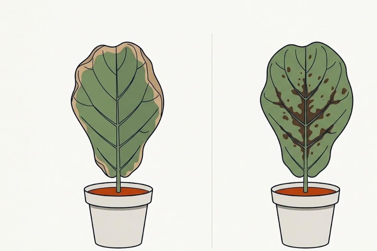 Two fiddle leaf fig leaves side by side: one curling inward with dry crisp edges, one curling with dark spots spreading from the middle