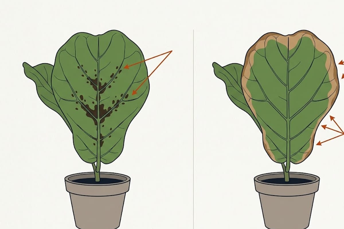 Two fallen fiddle leaf fig leaves: spots from the middle versus crisping from the edges