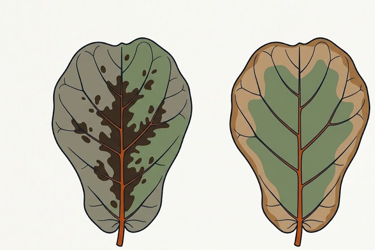 Two fiddle leaf fig leaves: spots from the centre versus crisping from the edges