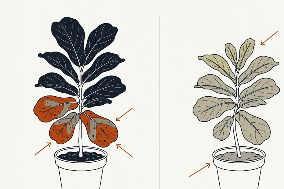 Two fiddle leaf figs: lower leaves yellow over wet soil versus a pale plant in shade
