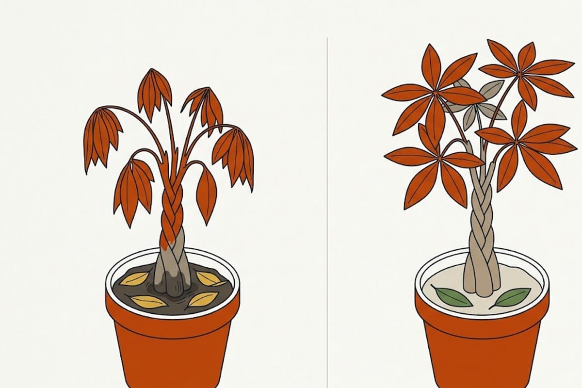 Two money trees: yellow leaves with a soft trunk versus green leaves with a firm trunk