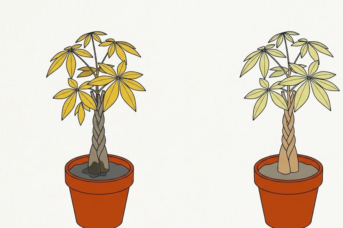 Two money trees: yellow leaves with a soft trunk base versus firm trunk with pale leaves