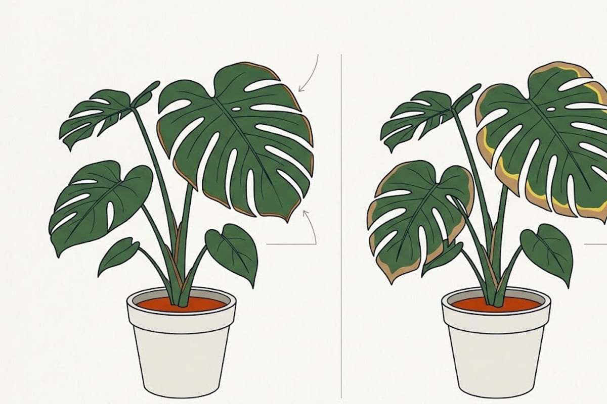 Two monstera leaves: thin crisp edge versus brown margin with a yellow band