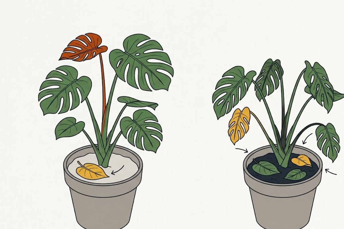 Two monsteras: one old leaf dropped versus several dropped with wet soil