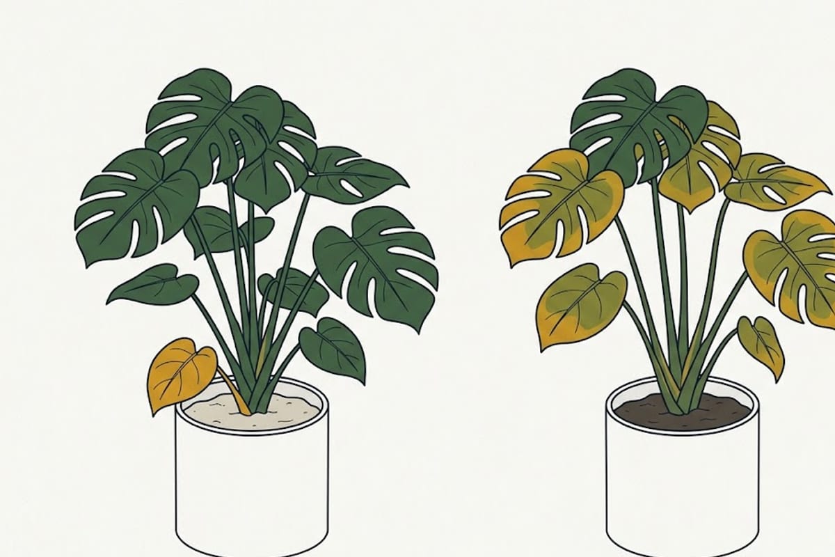 Two monsteras side by side: one old leaf yellow versus several leaves yellowing with wet soil
