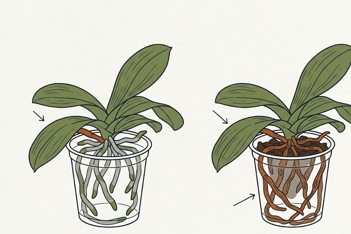 Two orchids in clear pots: healthy roots versus rotted roots, both with wrinkled leaves