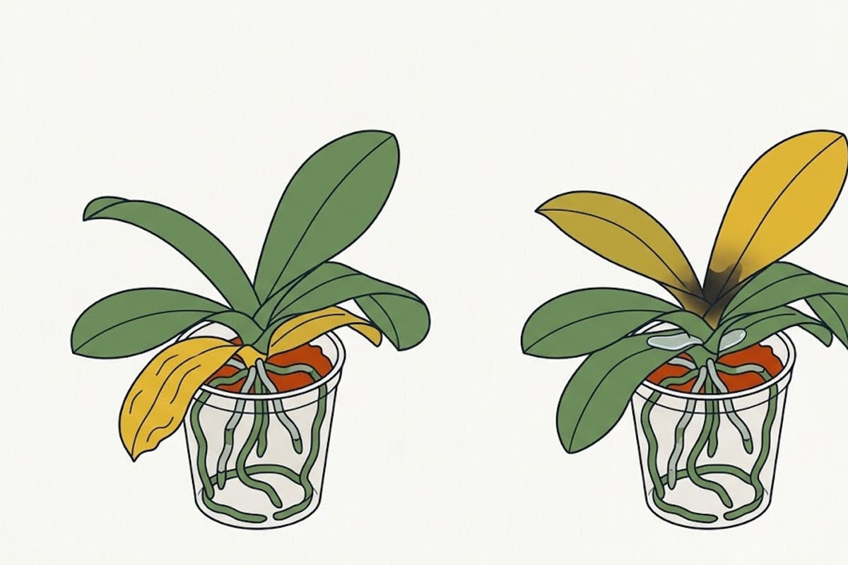 Two orchids: bottom leaf yellow versus top leaf yellow at the crown