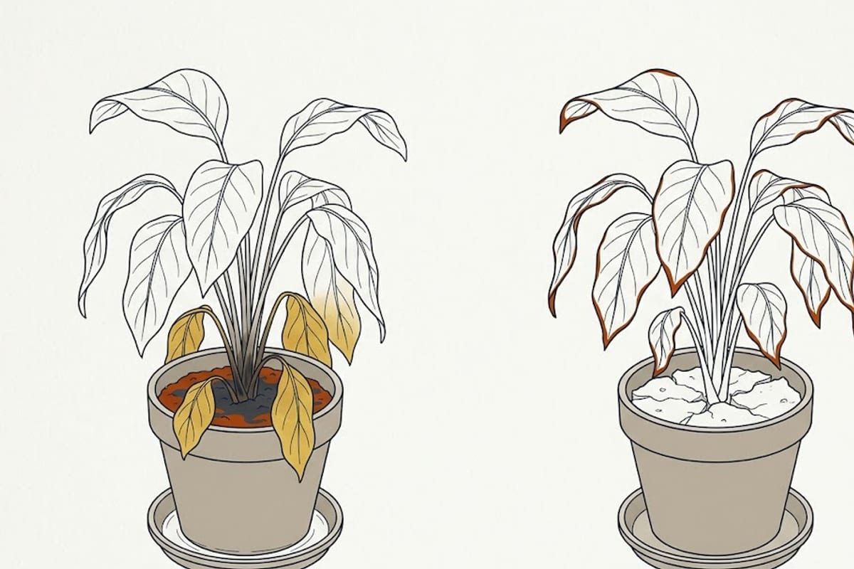 Two identical drooping plants over wet and dry soil