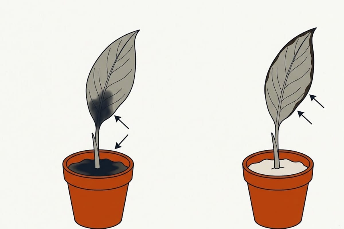 Two peace lily leaves: soft black from the base versus dry black at the edge