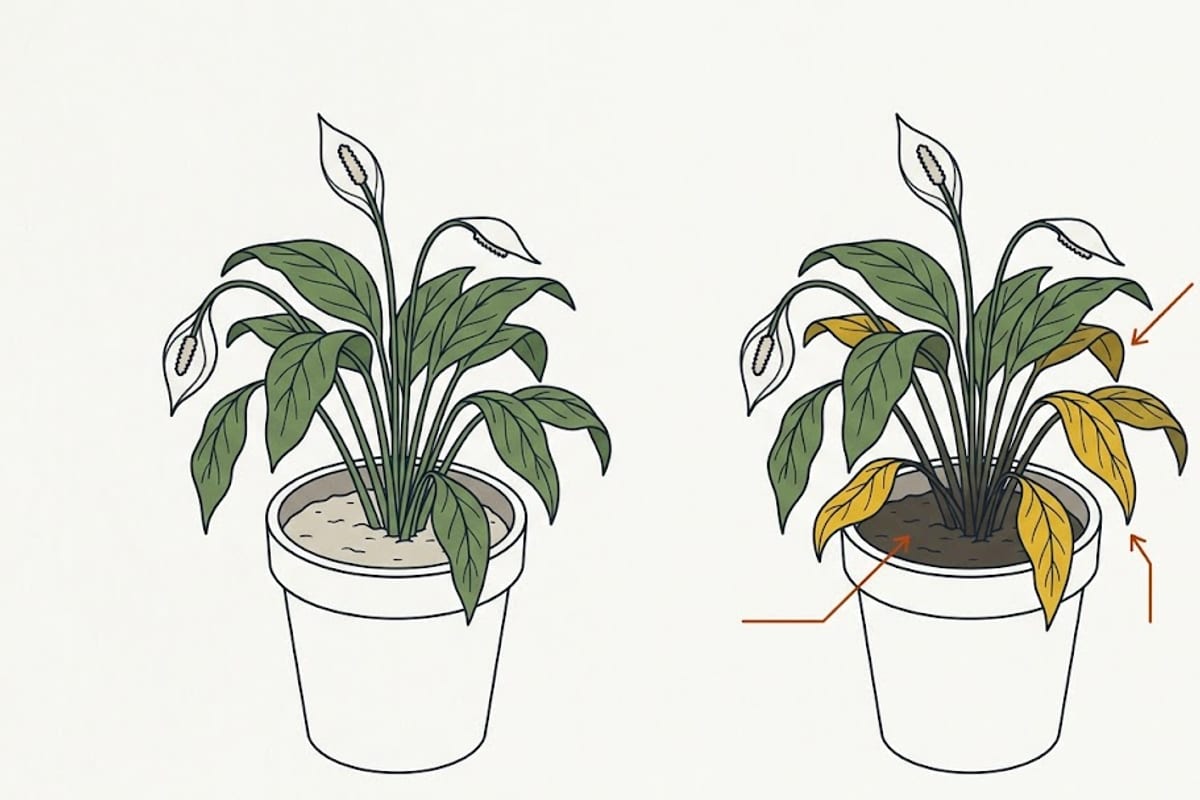 Two drooping peace lilies: dry soil versus wet soil with yellowing