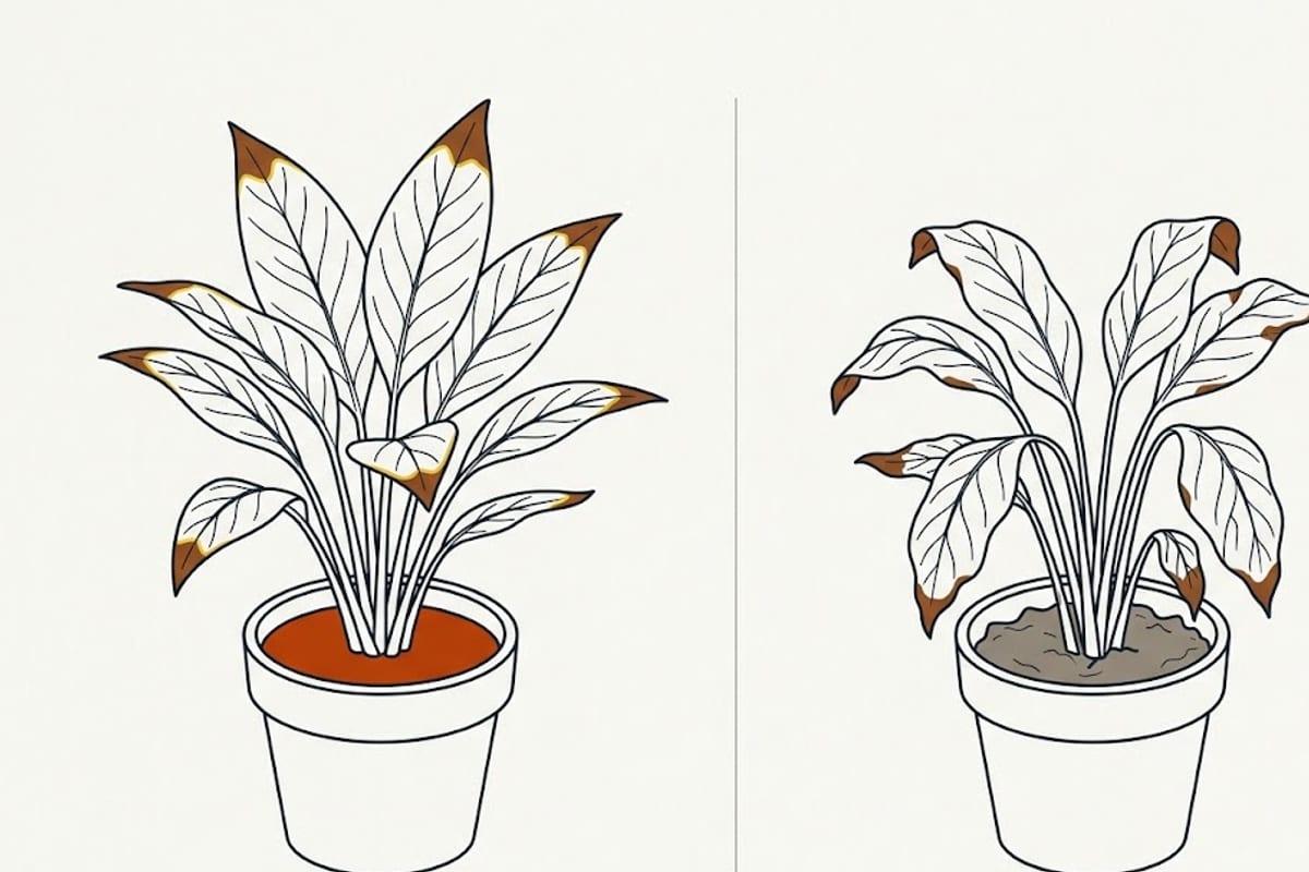Two peace lilies side by side: one with brown tips edged in yellow on otherwise firm leaves, one with brown tips on leaves that have wilted and recovered many times