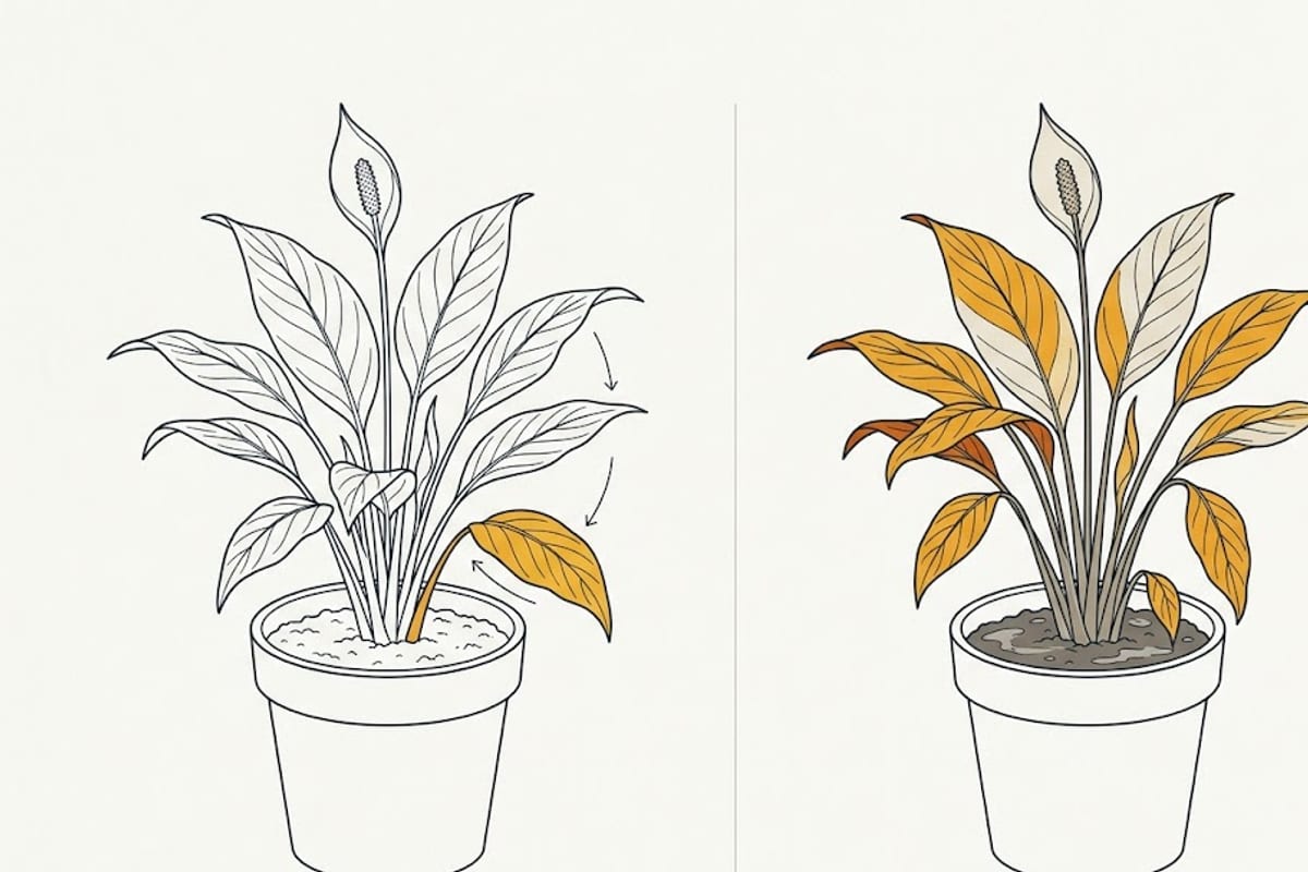 Two peace lilies: one old leaf yellow versus many leaves yellow with wet soil