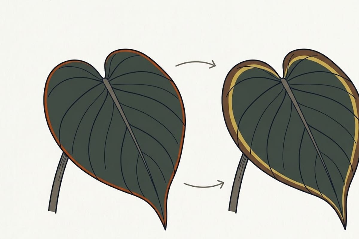 Two philodendron leaves: thin crisp edge versus brown margin with a yellow band