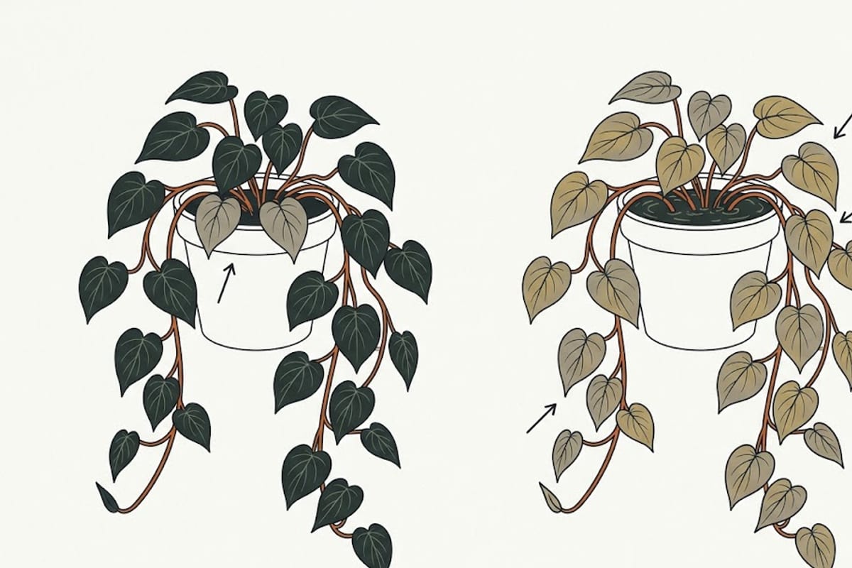 Two philodendrons: old leaves only yellow versus yellow across the plant with wet soil