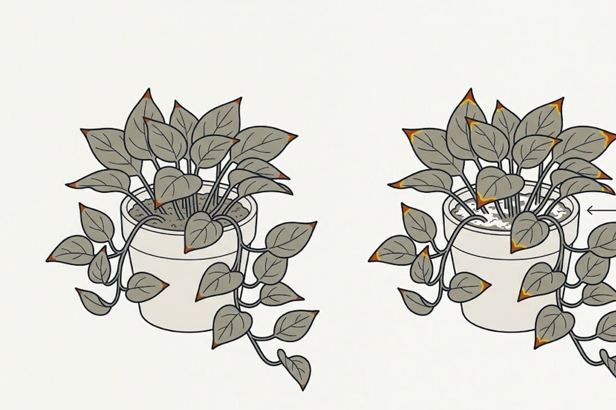 Two pothos vines: plain dry tips versus tips with yellow rings and soil crust