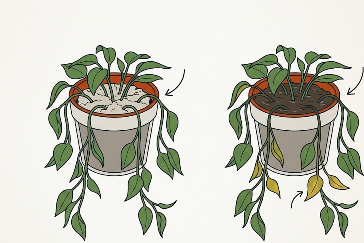 Two drooping pothos plants: dry shrunken soil versus wet soil with yellowing leaves