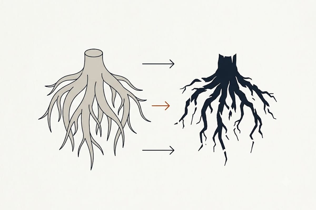 Healthy roots are pale and firm; rotted roots are dark and soft