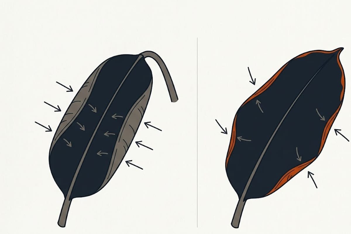 Two rubber plant leaves: inward curl with droop versus under-curl with crisp edges