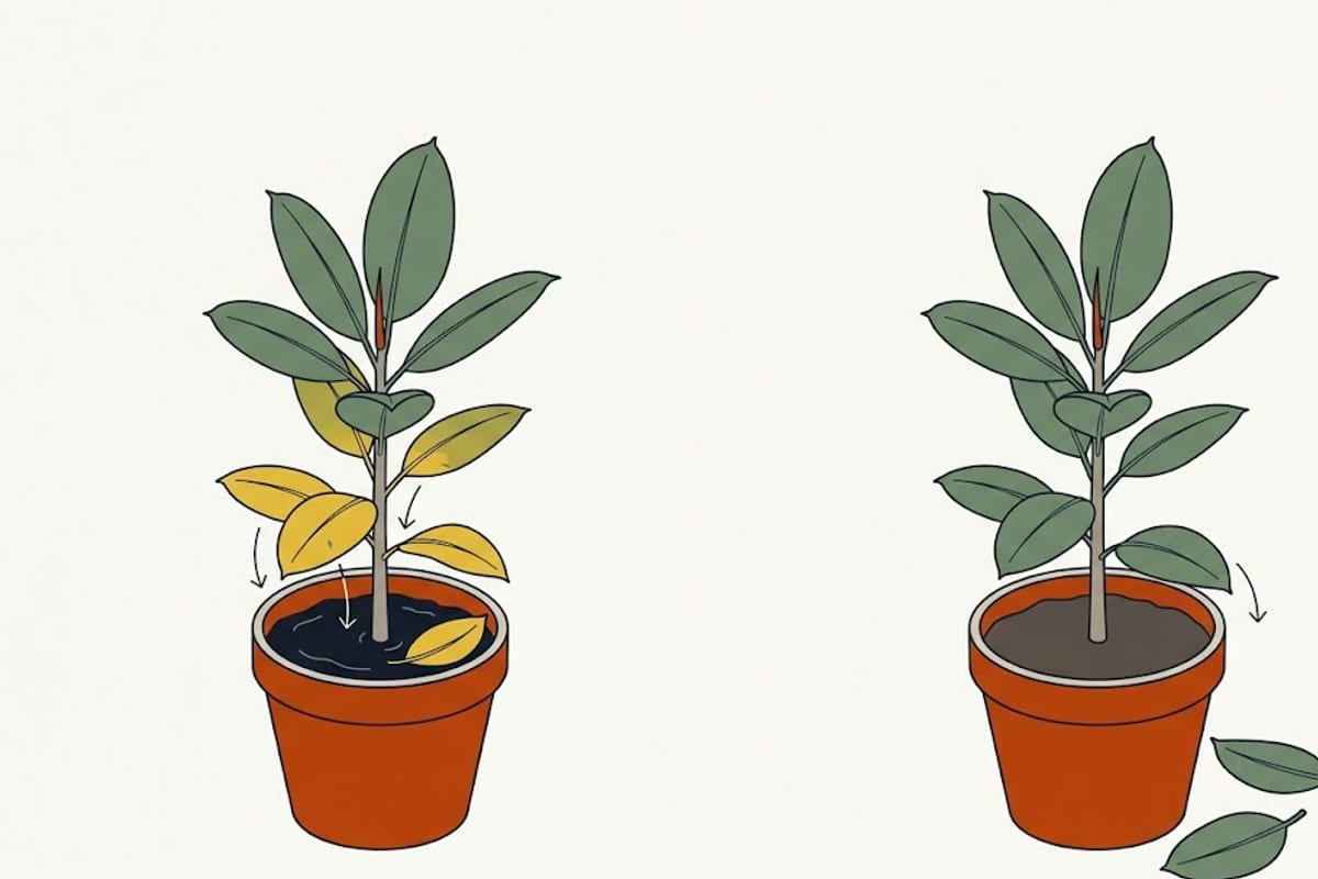 Two rubber plants: yellow leaves dropping with wet soil versus green leaves dropping after a move