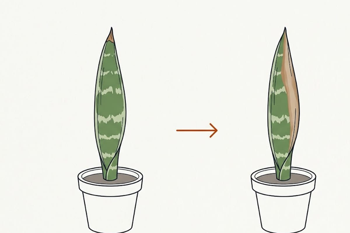Two snake plant leaves: a small dry tip versus a scorched patch