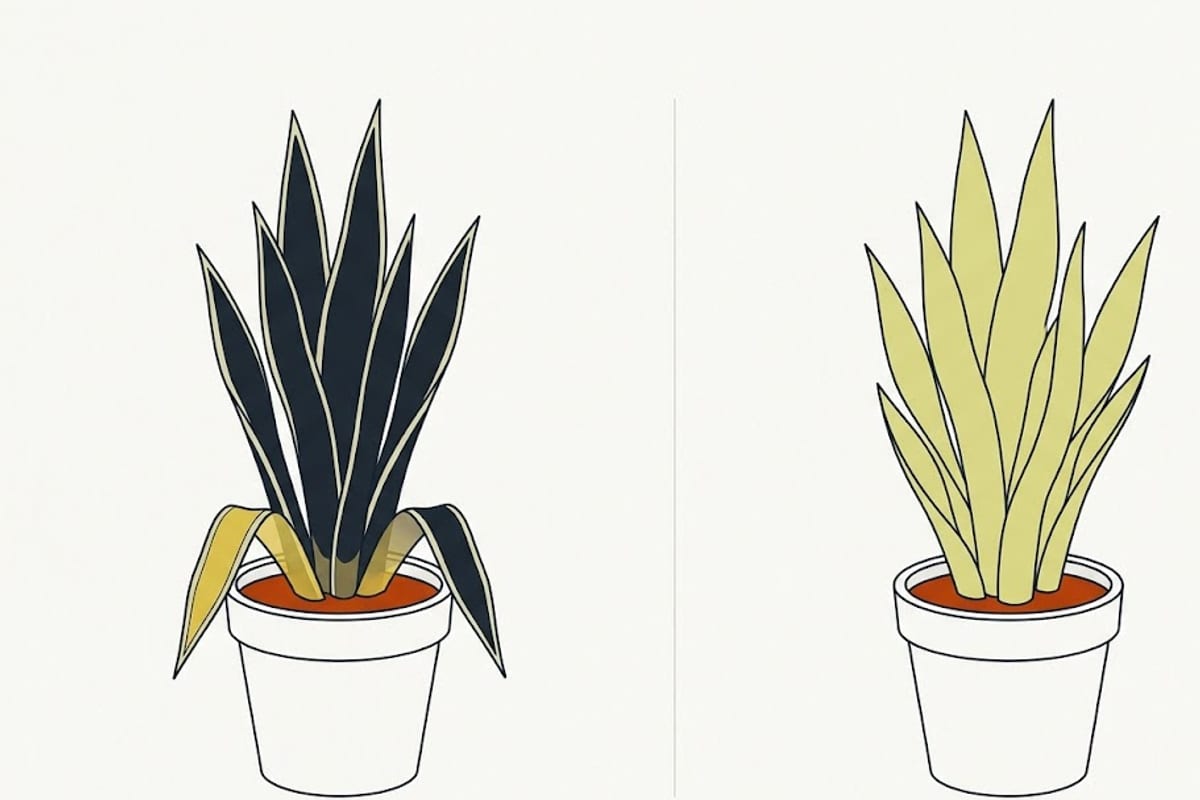 Two snake plants: soft yellow base versus firm pale leaves
