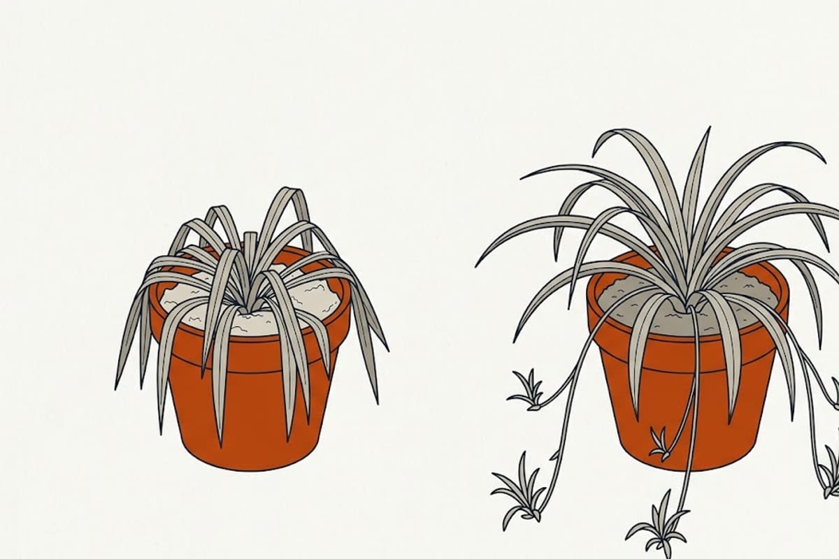Two spider plants: limp collapsed leaves versus firm leaves weighed by plantlets