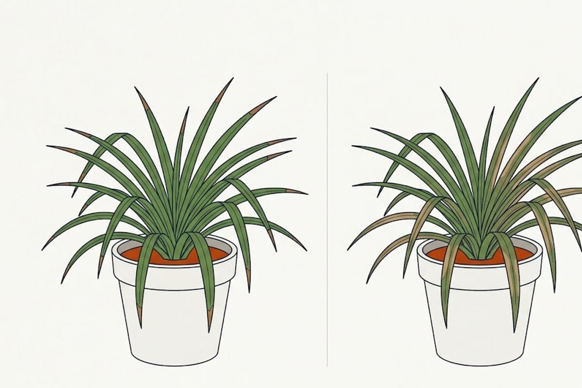 Two spider plants: thin tips on every leaf versus scorched patches on one side