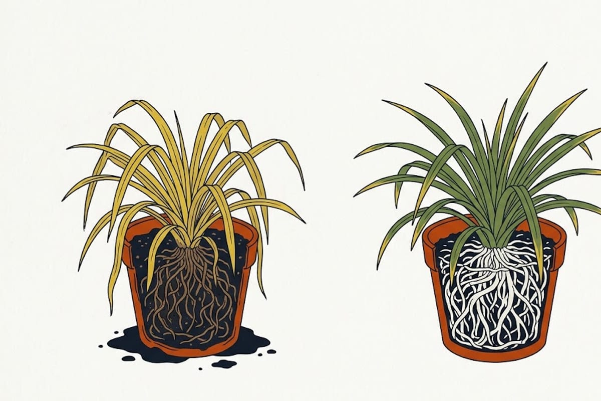 Two spider plants out of their pots: rotted roots versus a root-bound mass