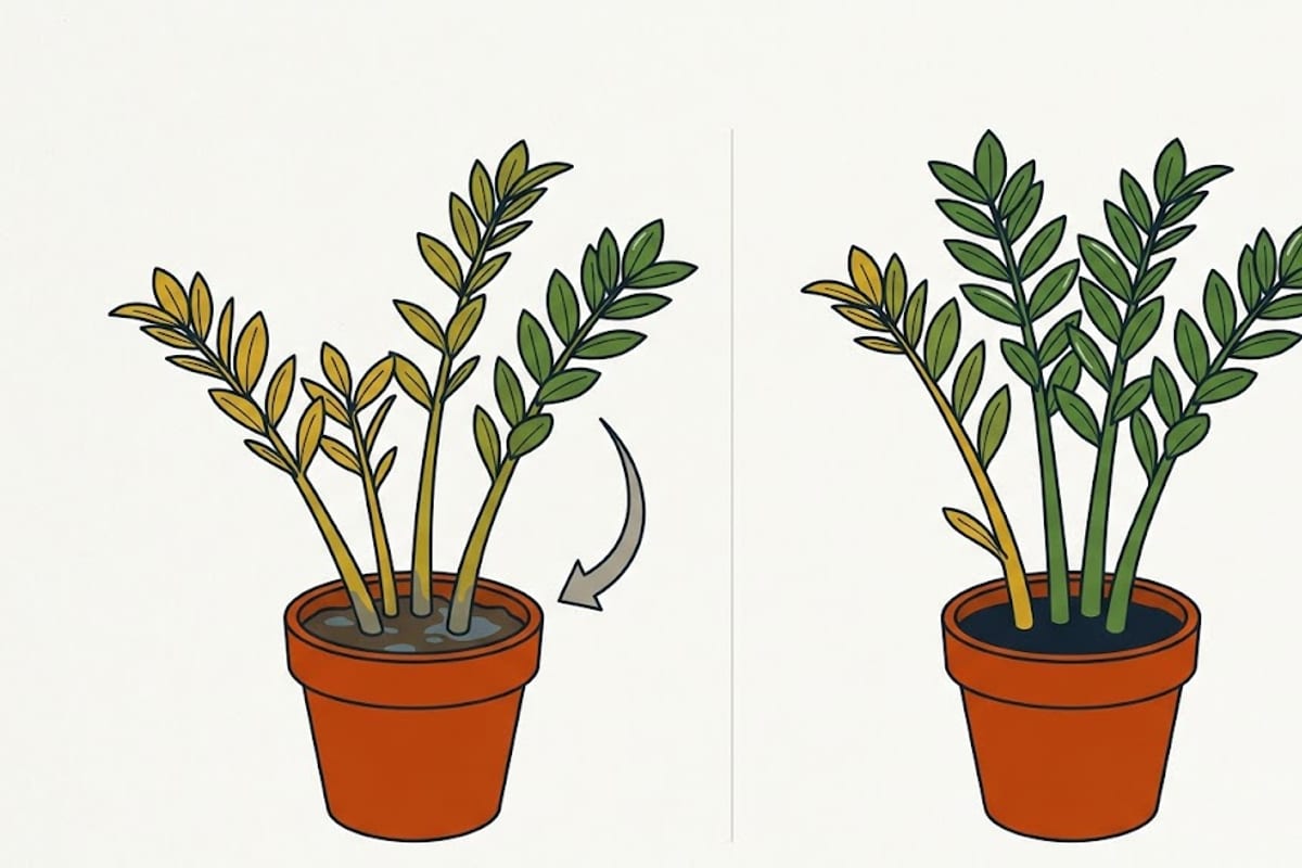 Two ZZ plants: several soft yellow stems versus one old stem yellow